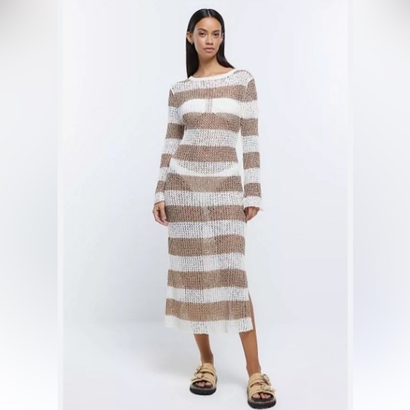 RIVER ISLAND Cream and Tan Striped long sleeve open back Swim Coverup size L - Picture 3 of 16